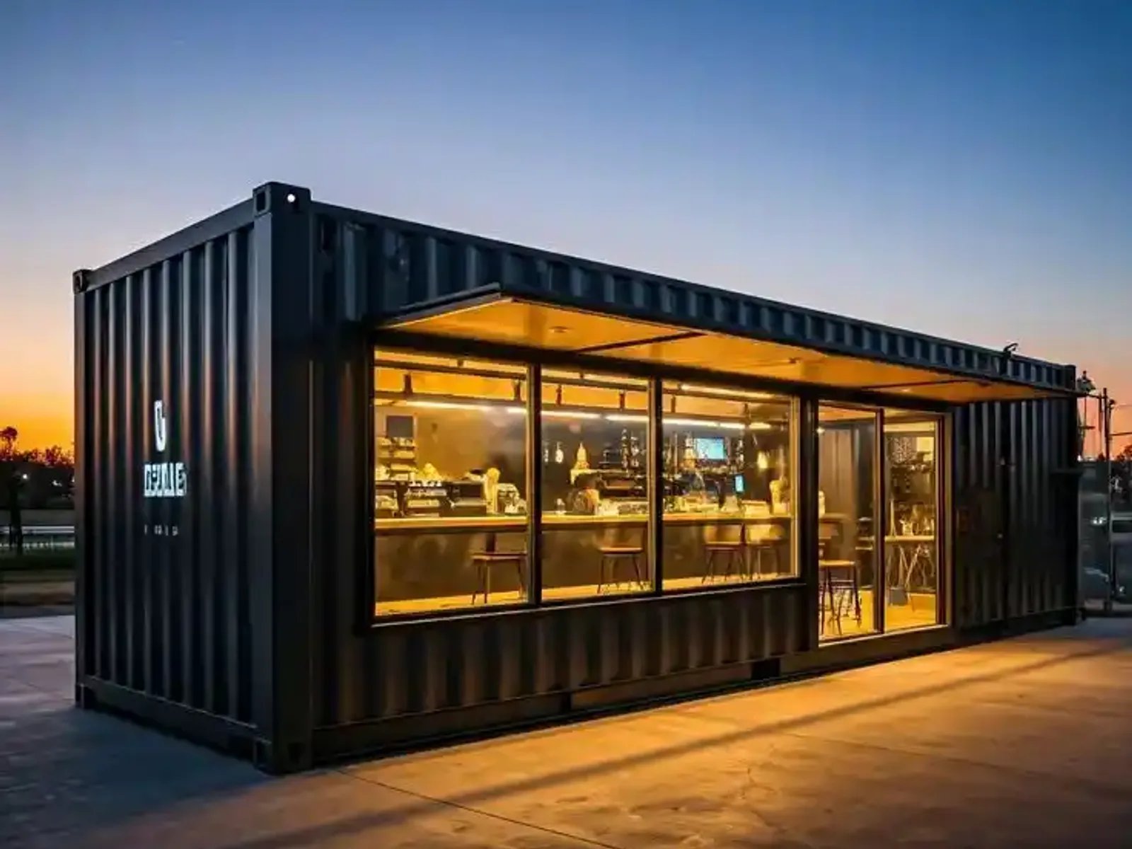 Cafe container with exterior lighting on a US street