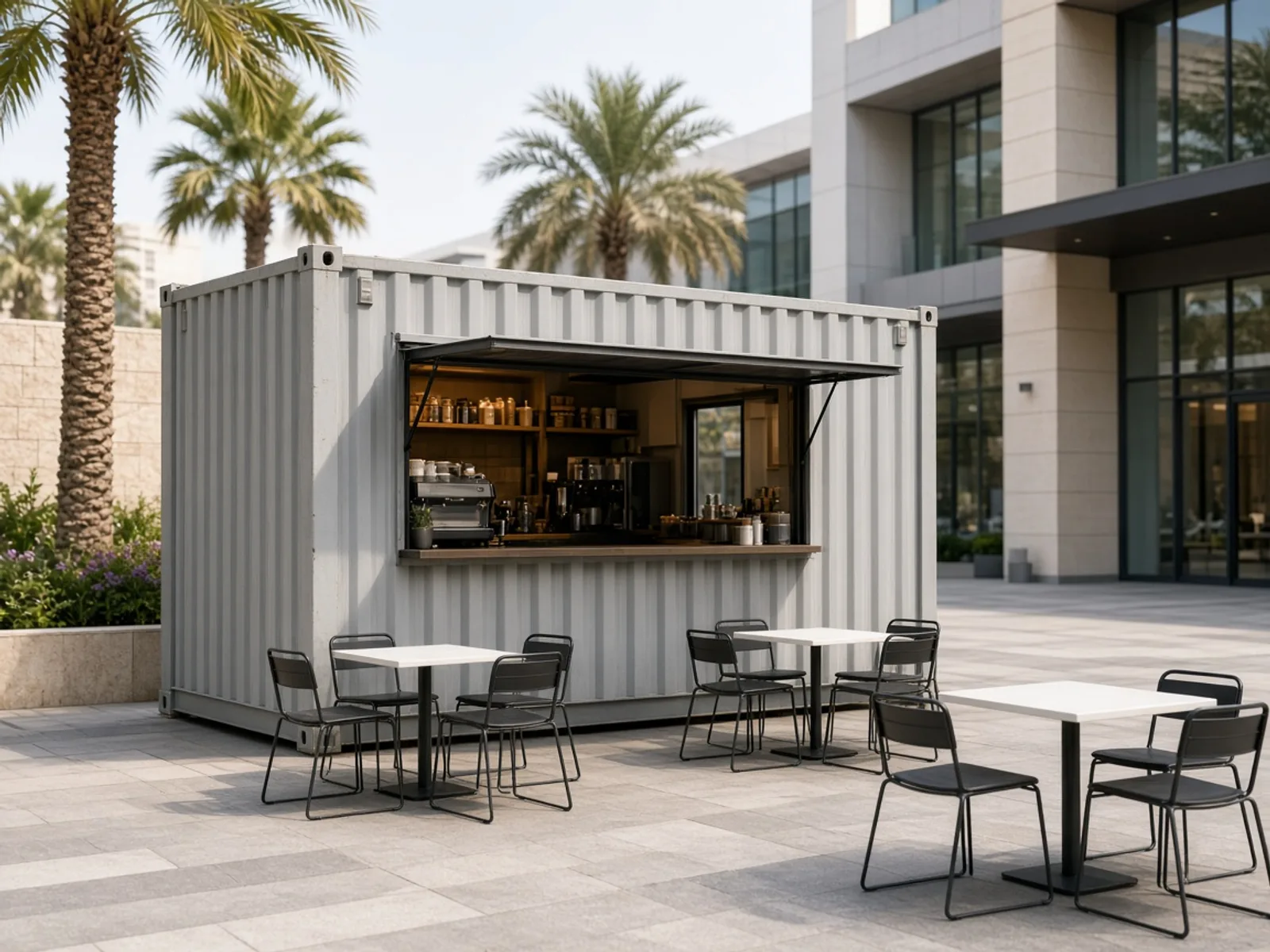 Cafe container with exterior lighting on a US street