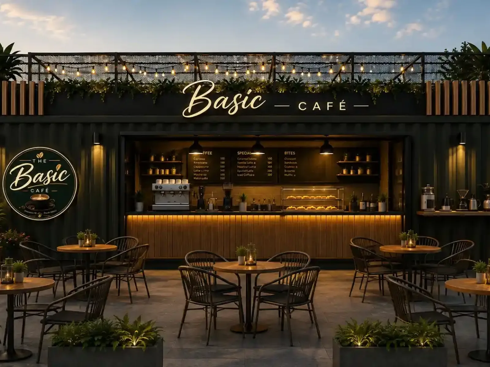 Cafe container service hatch and counter opening in the USA