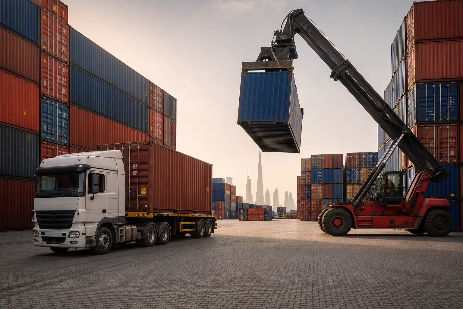 Container truck coordinating shipping container delivery across United States markets
