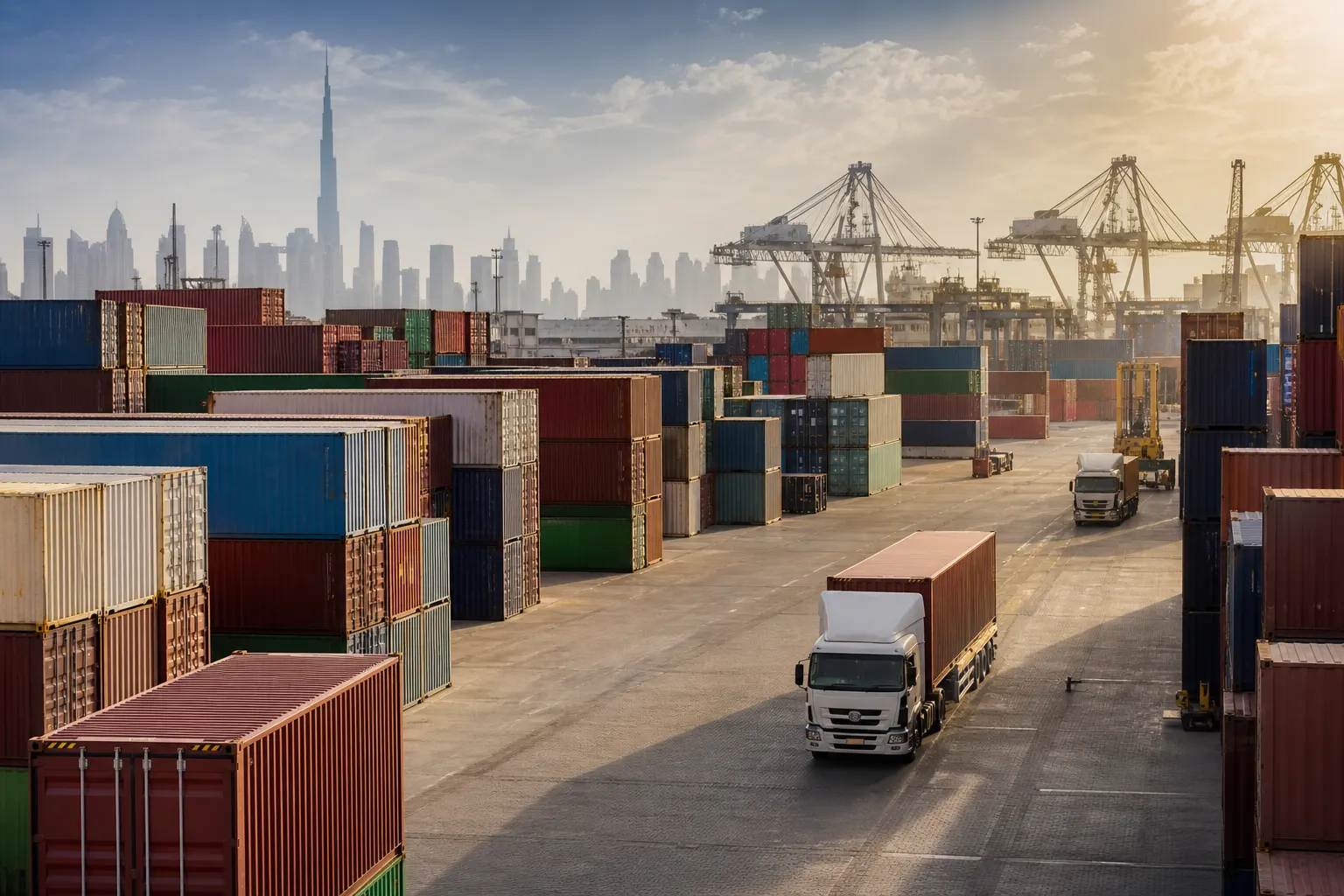 a USA logistics yard with stacked shipping containers