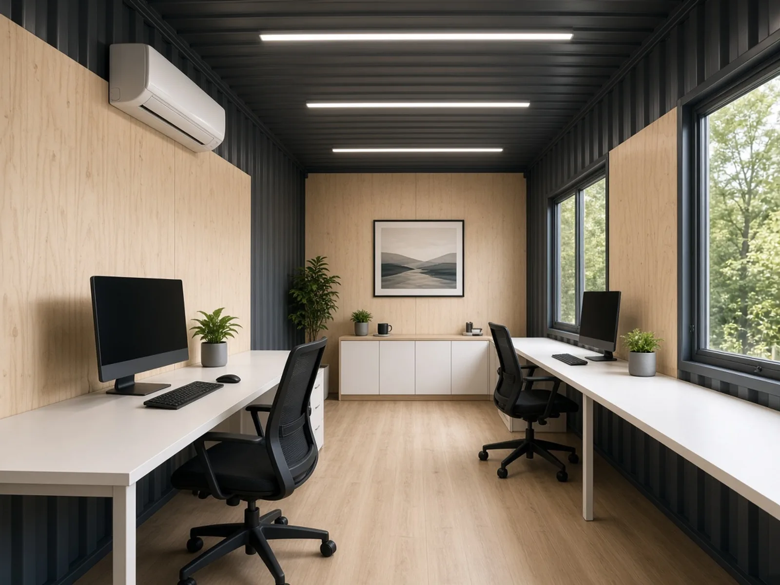 Furnished interior of an office container workspace in the USA